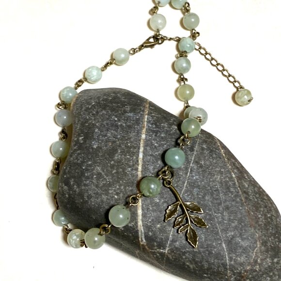 Natural Mint Green Serpentine Necklace, Bronze Leaf Branch + Genuine Gemstone - Picture 7 of 16